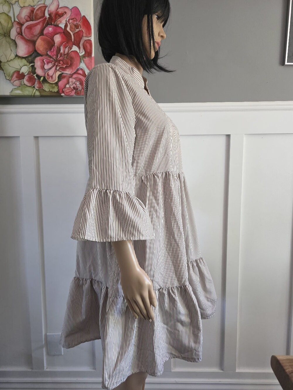 FIMARSTED Prairie-Style Tiered Dress – Beige & White Fine Stripes , Size L - Picture 6 of 13